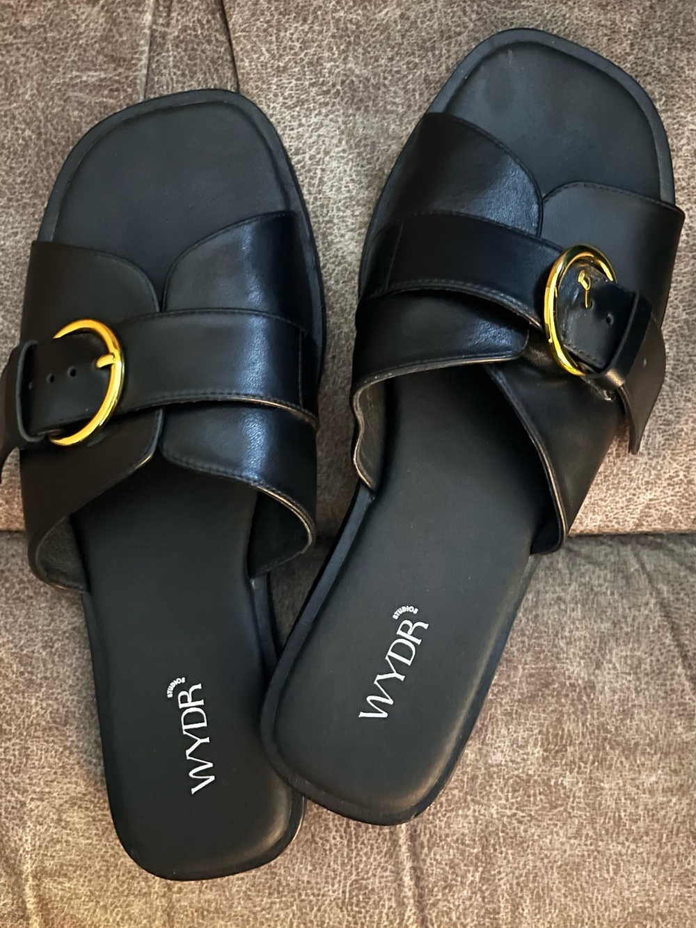 WYDR Studios Marbella Classic Black Leather Slide Sandals Size 10 WW 2E